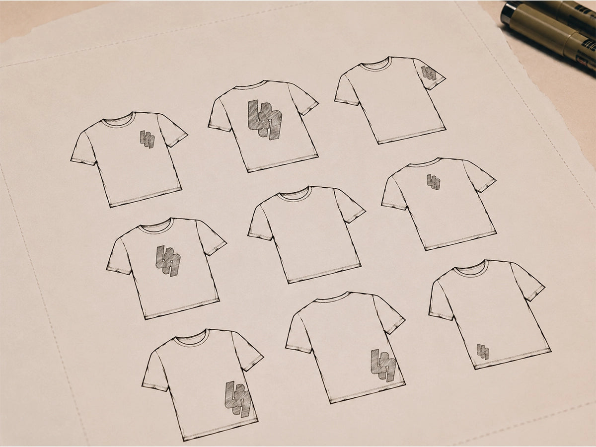 Sketches of t-shirts with a geometric design on a beige background
