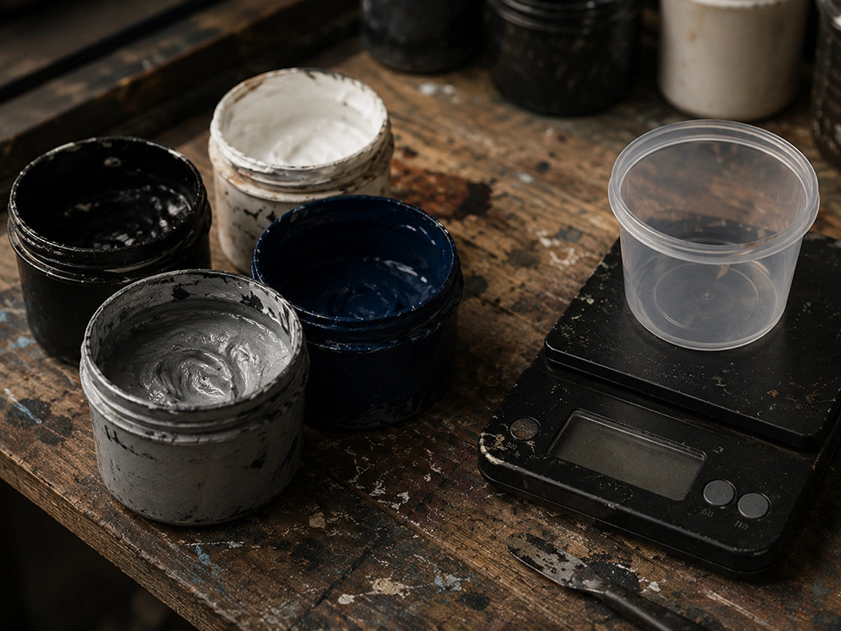 Jars of plastisol ink materials on a wooden surface with a digital scale.