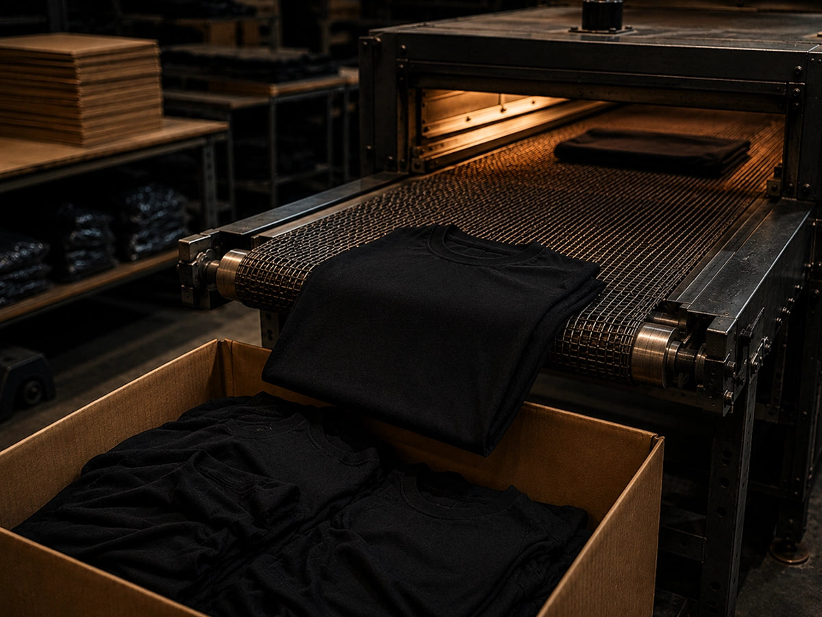 Black t-shirts in a box with a printing machine in the background