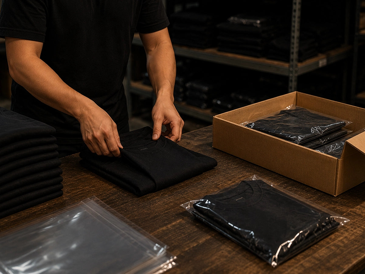 Person packaging black t-shirts into boxes and bags in a warehouse setting